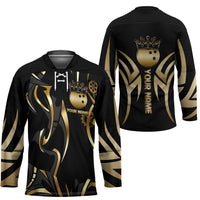 Personalized Golden Tribal Bowling Ball Emblem Hockey Jersey with Black Abstract Metallic Pattern - Wonder Print Shop
