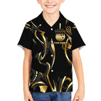 Personalized Golden Tribal Bowling Ball Emblem Kid Hawaiian Shirt with Black Abstract Metallic Pattern - Wonder Print Shop
