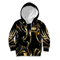 Personalized Golden Tribal Bowling Ball Emblem Kid Hoodie with Black Abstract Metallic Pattern - Wonder Print Shop