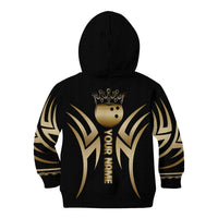 Personalized Golden Tribal Bowling Ball Emblem Kid Hoodie with Black Abstract Metallic Pattern - Wonder Print Shop