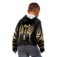 Personalized Golden Tribal Bowling Ball Emblem Kid Hoodie with Black Abstract Metallic Pattern - Wonder Print Shop