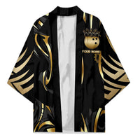 Personalized Golden Tribal Bowling Ball Emblem Kimono with Black Abstract Metallic Pattern - Wonder Print Shop