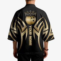 Personalized Golden Tribal Bowling Ball Emblem Kimono with Black Abstract Metallic Pattern - Wonder Print Shop