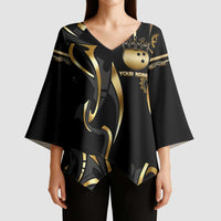 Personalized Golden Tribal Bowling Ball Emblem Kimono Sleeve Blouse with Black Abstract Metallic Pattern - Wonder Print Shop
