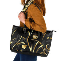 Personalized Golden Tribal Bowling Ball Emblem Leather Tote Bag with Black Abstract Metallic Pattern - Wonder Print Shop
