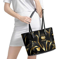 Personalized Golden Tribal Bowling Ball Emblem Leather Tote Bag with Black Abstract Metallic Pattern - Wonder Print Shop