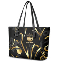Personalized Golden Tribal Bowling Ball Emblem Leather Tote Bag with Black Abstract Metallic Pattern - Wonder Print Shop