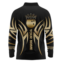 Personalized Golden Tribal Bowling Ball Emblem Long Sleeve Polo Shirt with Black Abstract Metallic Pattern - Wonder Print Shop