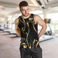 Personalized Golden Tribal Bowling Ball Emblem Men Tank Top with Black Abstract Metallic Pattern - Wonder Print Shop