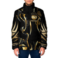 Personalized Golden Tribal Bowling Ball Emblem Padded Jacket with Black Abstract Metallic Pattern - Wonder Print Shop