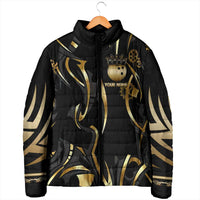 Personalized Golden Tribal Bowling Ball Emblem Padded Jacket with Black Abstract Metallic Pattern - Wonder Print Shop