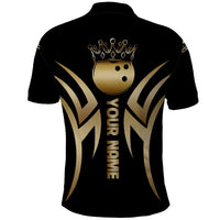 Personalized Golden Tribal Bowling Ball Emblem Polo Shirt with Black Abstract Metallic Pattern - Wonder Print Shop