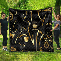 Personalized Golden Tribal Bowling Ball Emblem Quilt with Black Abstract Metallic Pattern - Wonder Print Shop