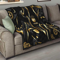 Personalized Golden Tribal Bowling Ball Emblem Quilt with Black Abstract Metallic Pattern - Wonder Print Shop
