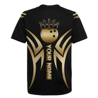 Personalized Golden Tribal Bowling Ball Emblem Rugby Jersey with Black Abstract Metallic Pattern - Wonder Print Shop