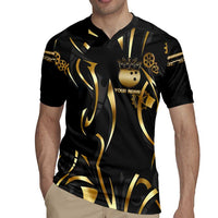 Personalized Golden Tribal Bowling Ball Emblem Rugby Jersey with Black Abstract Metallic Pattern - Wonder Print Shop