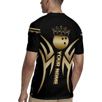 Personalized Golden Tribal Bowling Ball Emblem Rugby Jersey with Black Abstract Metallic Pattern - Wonder Print Shop