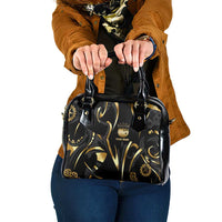 Personalized Golden Tribal Bowling Ball Emblem Shoulder Handbag with Black Abstract Metallic Pattern - Wonder Print Shop
