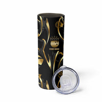 Personalized Golden Tribal Bowling Ball Emblem Skinny Tumbler with Black Abstract Metallic Pattern - Wonder Print Shop