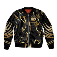 Personalized Golden Tribal Bowling Ball Emblem Sleeve Zip Bomber Jacket with Black Abstract Metallic Pattern - Wonder Print Shop