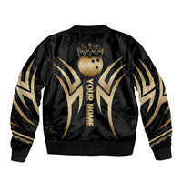 Personalized Golden Tribal Bowling Ball Emblem Sleeve Zip Bomber Jacket with Black Abstract Metallic Pattern - Wonder Print Shop