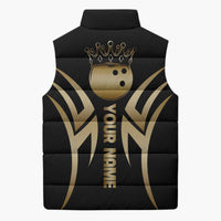 Personalized Golden Tribal Bowling Ball Emblem Sleeveless Puffer Jacket with Black Abstract Metallic Pattern - Wonder Print Shop