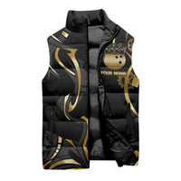 Personalized Golden Tribal Bowling Ball Emblem Sleeveless Puffer Jacket with Black Abstract Metallic Pattern - Wonder Print Shop