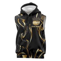 Personalized Golden Tribal Bowling Ball Emblem Sleeveless Zip Hoodie with Black Abstract Metallic Pattern - Wonder Print Shop