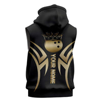 Personalized Golden Tribal Bowling Ball Emblem Sleeveless Zip Hoodie with Black Abstract Metallic Pattern - Wonder Print Shop