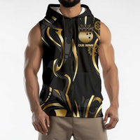 Personalized Golden Tribal Bowling Ball Emblem Sleeveless Zip Hoodie with Black Abstract Metallic Pattern - Wonder Print Shop