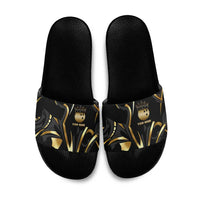 Personalized Golden Tribal Bowling Ball Emblem Slide Sandals with Black Abstract Metallic Pattern - Wonder Print Shop