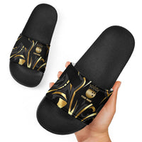 Personalized Golden Tribal Bowling Ball Emblem Slide Sandals with Black Abstract Metallic Pattern - Wonder Print Shop