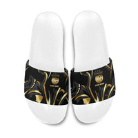 Personalized Golden Tribal Bowling Ball Emblem Slide Sandals with Black Abstract Metallic Pattern - Wonder Print Shop