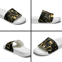 Personalized Golden Tribal Bowling Ball Emblem Slide Sandals with Black Abstract Metallic Pattern - Wonder Print Shop