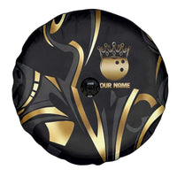 Personalized Golden Tribal Bowling Ball Emblem Spare Tire Cover with Black Abstract Metallic Pattern - Wonder Print Shop