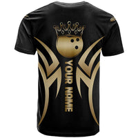 Personalized Golden Tribal Bowling Ball Emblem T Shirt with Black Abstract Metallic Pattern - Wonder Print Shop