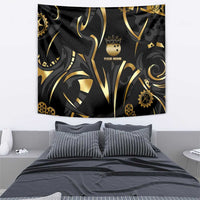 Personalized Golden Tribal Bowling Ball Emblem Tapestry with Black Abstract Metallic Pattern - Wonder Print Shop