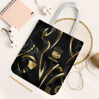 Personalized Golden Tribal Bowling Ball Emblem Tote Bag with Black Abstract Metallic Pattern - Wonder Print Shop