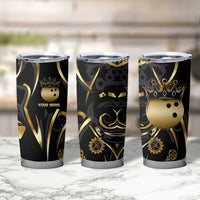 Personalized Golden Tribal Bowling Ball Emblem Tumbler Cup with Black Abstract Metallic Pattern - Wonder Print Shop