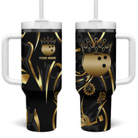 Personalized Golden Tribal Bowling Ball Emblem Tumbler With Handle with Black Abstract Metallic Pattern - Wonder Print Shop