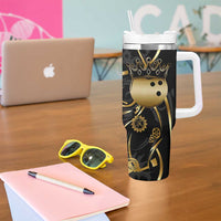 Personalized Golden Tribal Bowling Ball Emblem Tumbler With Handle with Black Abstract Metallic Pattern - Wonder Print Shop