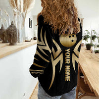 Personalized Golden Tribal Bowling Ball Emblem Women Casual Shirt with Black Abstract Metallic Pattern - Wonder Print Shop