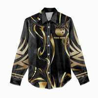 Personalized Golden Tribal Bowling Ball Emblem Women Casual Shirt with Black Abstract Metallic Pattern - Wonder Print Shop