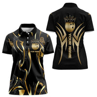 Personalized Golden Tribal Bowling Ball Emblem Women Polo Shirt with Black Abstract Metallic Pattern - Wonder Print Shop