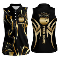 Personalized Golden Tribal Bowling Ball Emblem Women Sleeveless Polo Shirt with Black Abstract Metallic Pattern - Wonder Print Shop