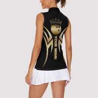 Personalized Golden Tribal Bowling Ball Emblem Women Sleeveless Polo Shirt with Black Abstract Metallic Pattern - Wonder Print Shop