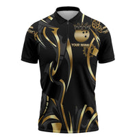 Personalized Golden Tribal Bowling Ball Emblem Zipper Polo Shirt with Black Abstract Metallic Pattern - Wonder Print Shop