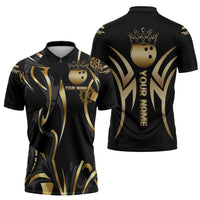 Personalized Golden Tribal Bowling Ball Emblem Zipper Polo Shirt with Black Abstract Metallic Pattern - Wonder Print Shop