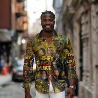 Black History Portrait Collage Long Sleeve Button Shirt Africa Empowering They Not Like Us Quote in Grunge Paint - Wonder Print Shop