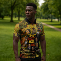 Black History Portrait Collage Zipper Polo Shirt Africa Empowering They Not Like Us Quote in Grunge Paint - Wonder Print Shop